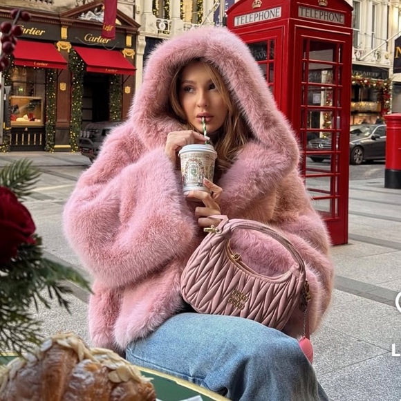 Jackets & Blazers - Pink Faux Fur Coat with Hood